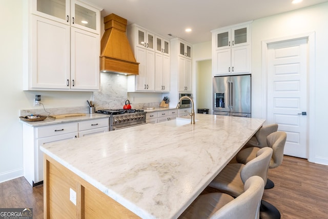 4384 Round Pond Rd, Lafayette, GA 30728 - kitchen featuring high end appliances, custom exhaust hood, an island with sink, recessed lighting, and dark wood-style floors