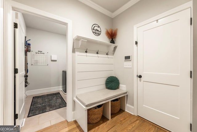 4395 Capstone Ct, Roswell, GA 30075 - mudroom with crown molding and light wood-type flooring