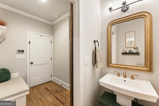 4395 Capstone Ct, Roswell, GA 30075 - bathroom with ornamental molding and wood finished floors