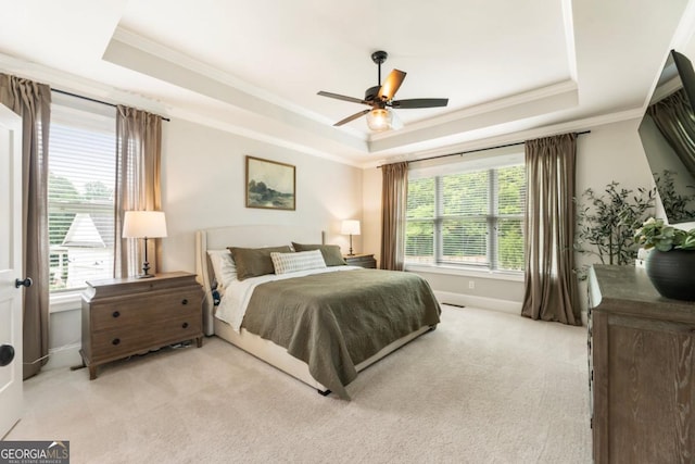 4395 Capstone Ct, Roswell, GA 30075 - bedroom with a tray ceiling, ornamental molding, light colored carpet, and ceiling fan
