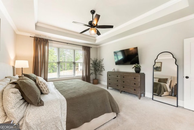 4395 Capstone Ct, Roswell, GA 30075 - bedroom featuring a tray ceiling, crown molding, carpet, and a ceiling fan