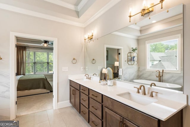 4395 Capstone Ct, Roswell, GA 30075 - bathroom featuring ensuite bath, a tray ceiling, double vanity, a soaking tub, and crown molding