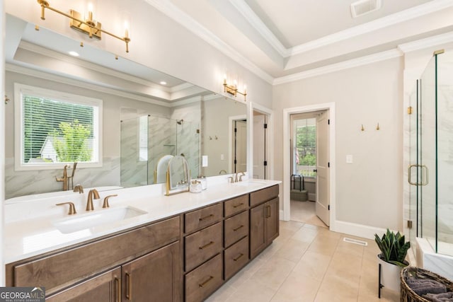 4395 Capstone Ct, Roswell, GA 30075 - full bath with a tray ceiling, healthy amount of natural light, double vanity, a marble finish shower, and crown molding