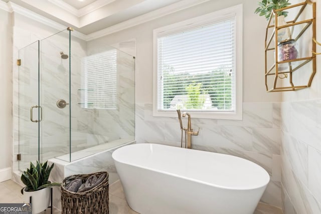 4395 Capstone Ct, Roswell, GA 30075 - full bath with crown molding, a freestanding bath, tile walls, a marble finish shower, and wainscoting