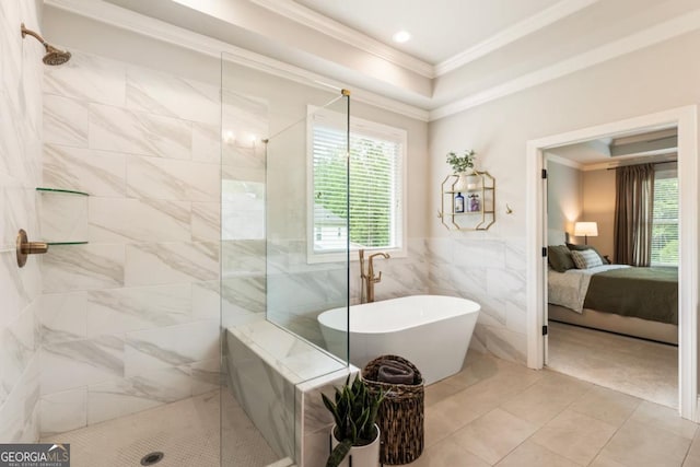 4395 Capstone Ct, Roswell, GA 30075 - ensuite bathroom with a stall shower, a soaking tub, crown molding, tile patterned floors, and tile walls