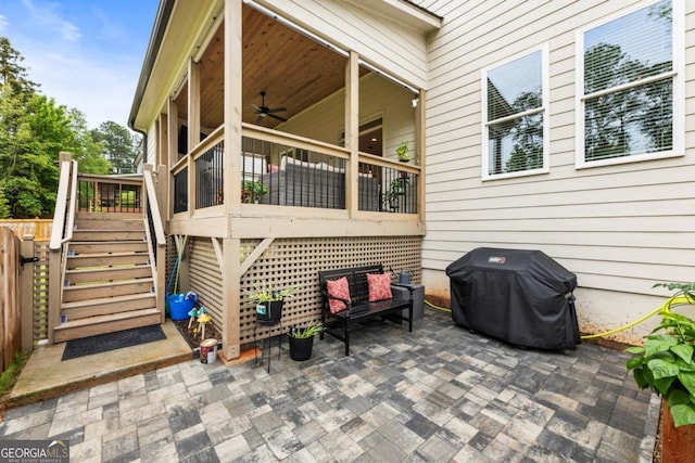 4395 Capstone Ct, Roswell, GA 30075 - view of patio featuring area for grilling, stairway, a ceiling fan, and a deck