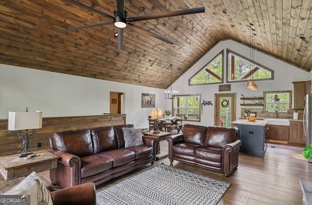 595 Arp Rd, Mineral Bluff, GA 30559 - living area featuring high vaulted ceiling, a ceiling fan, hardwood / wood-style flooring, a chandelier, and wood ceiling