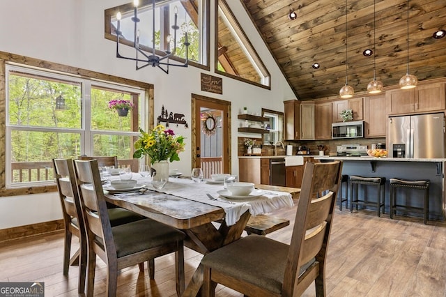 595 Arp Rd, Mineral Bluff, GA 30559 - dining room with high vaulted ceiling, light wood-type flooring, wood ceiling, and ceiling fan