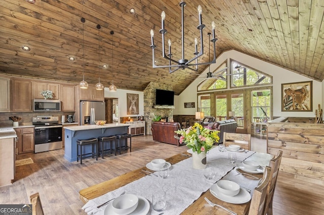 595 Arp Rd, Mineral Bluff, GA 30559 - dining space featuring wooden ceiling, a ceiling fan, high vaulted ceiling, hardwood / wood-style flooring, and a stone fireplace