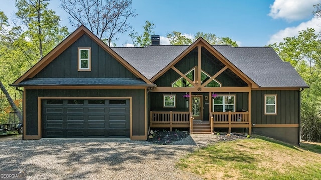595 Arp Rd, Mineral Bluff, GA 30559 - rustic home with driveway, a chimney, covered porch, roof with shingles, and board and batten siding