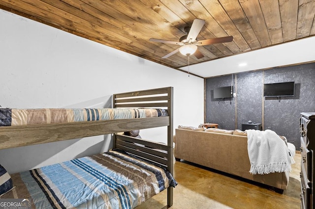 595 Arp Rd, Mineral Bluff, GA 30559 - bedroom featuring wooden ceiling, concrete floors, and ceiling fan
