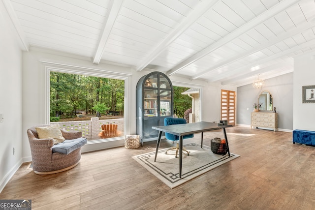980 Casteel Rd, Powder Springs, GA 30127 - home office with wood finished floors, a chandelier, and wood ceiling