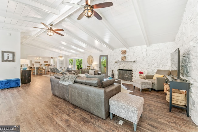 980 Casteel Rd, Powder Springs, GA 30127 - living area with ceiling fan, wood finished floors, and a stone fireplace