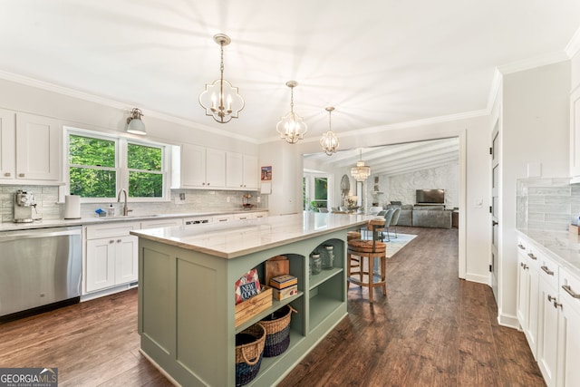 980 Casteel Rd, Powder Springs, GA 30127 - kitchen with stainless steel dishwasher, a chandelier, a center island, open shelves, and white cabinetry