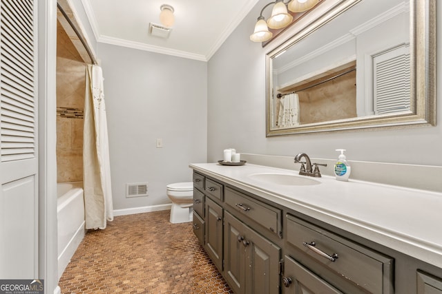 980 Casteel Rd, Powder Springs, GA 30127 - bathroom with crown molding, vanity, brick patterned flooring, and shower / bathtub combination with curtain