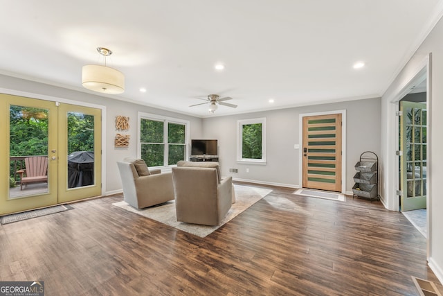 980 Casteel Rd, Powder Springs, GA 30127 - unfurnished living room featuring ornamental molding, french doors, a ceiling fan, wood finished floors, and recessed lighting