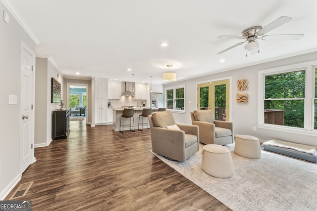 980 Casteel Rd, Powder Springs, GA 30127 - living area featuring crown molding, recessed lighting, dark wood-style flooring, french doors, and a ceiling fan