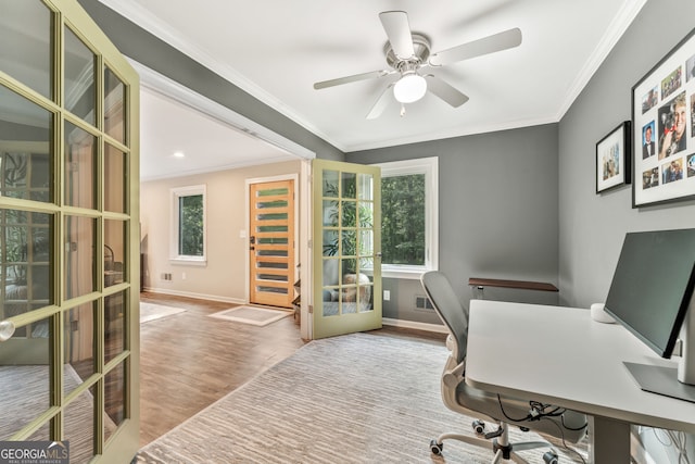 980 Casteel Rd, Powder Springs, GA 30127 - office featuring french doors, wood finished floors, ceiling fan, ornamental molding, and recessed lighting