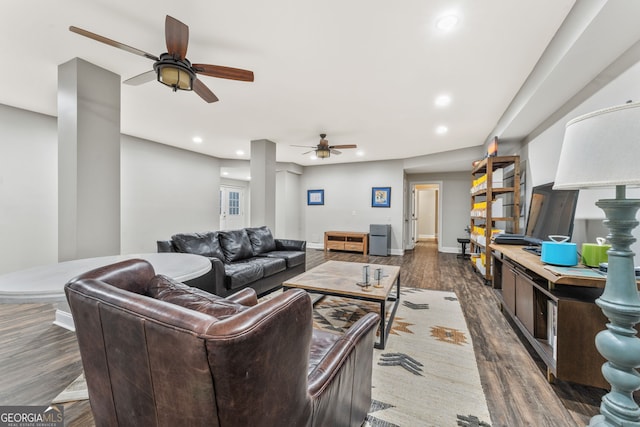 980 Casteel Rd, Powder Springs, GA 30127 - living room featuring ceiling fan, recessed lighting, and wood finished floors