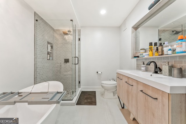 980 Casteel Rd, Powder Springs, GA 30127 - full bath with a freestanding bath, vanity, a stall shower, tile patterned floors, and tasteful backsplash