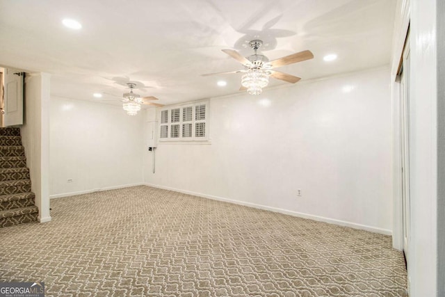 2983 Peek Rd NW, Atlanta, GA 30318 - spare room featuring recessed lighting, a ceiling fan, stairway, and light colored carpet