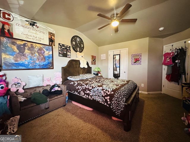 942 Amelia Dr, Byron, GA 31008 - bedroom with vaulted ceiling, carpet flooring, and ceiling fan