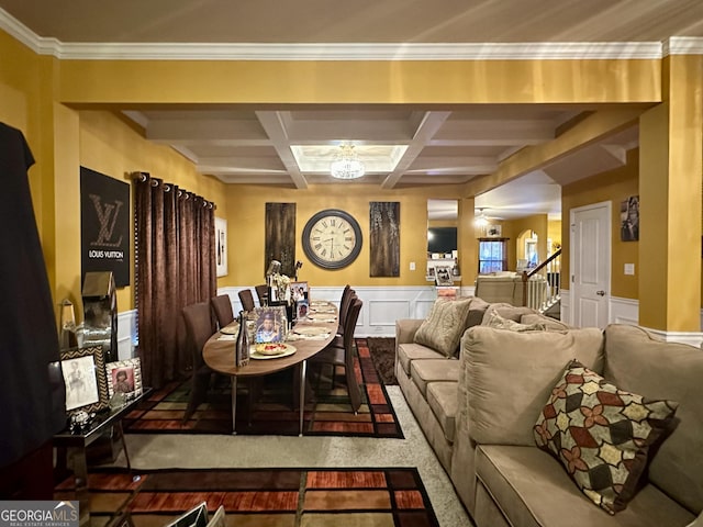 942 Amelia Dr, Byron, GA 31008 - carpeted living room featuring coffered ceiling, beamed ceiling, and wainscoting