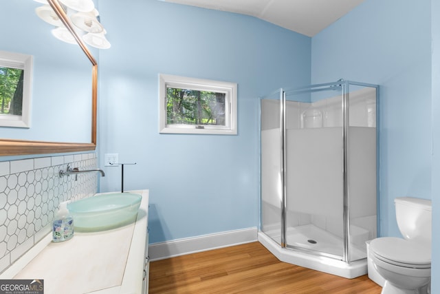 6567 Tahiti Way, Flowery Branch, GA 30542 - bathroom with wood finished floors, a stall shower, vanity, decorative backsplash, and lofted ceiling