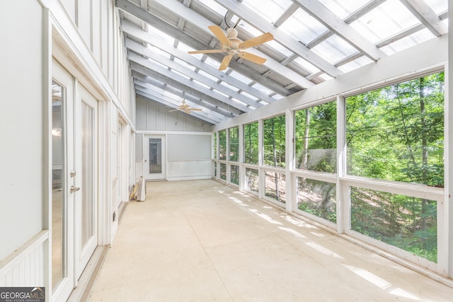 6567 Tahiti Way, Flowery Branch, GA 30542 - unfurnished sunroom featuring ceiling fan, vaulted ceiling, and healthy amount of natural light