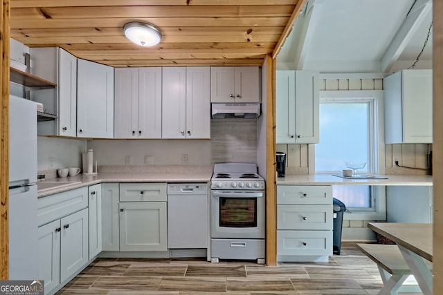 33 Berkshire Ln, Dillard, GA 30537 - kitchen featuring white appliances, under cabinet range hood, open shelves, light countertops, and wood ceiling
