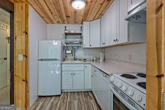 33 Berkshire Ln, Dillard, GA 30537 - kitchen with white appliances, wood ceiling, extractor fan, light countertops, and open shelves