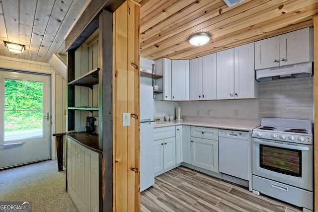 33 Berkshire Ln, Dillard, GA 30537 - kitchen with white appliances, open shelves, under cabinet range hood, wood ceiling, and light countertops