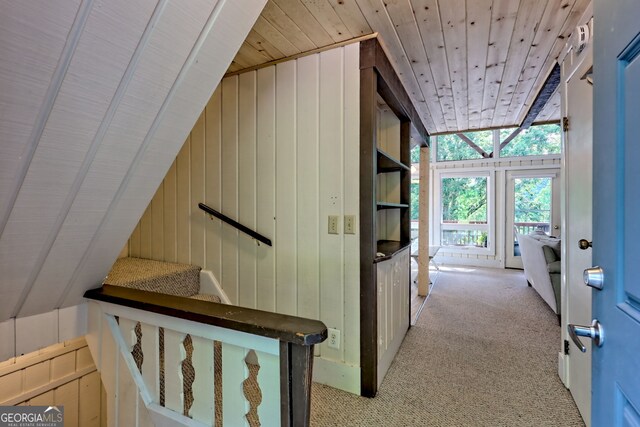 33 Berkshire Ln, Dillard, GA 30537 - corridor featuring wood ceiling, carpet, lofted ceiling, and wood walls