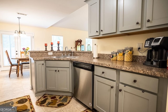 126 Savannah Way, Milner, GA 30257 - kitchen featuring stainless steel dishwasher, gray cabinets, a peninsula, dark countertops, and pendant lighting