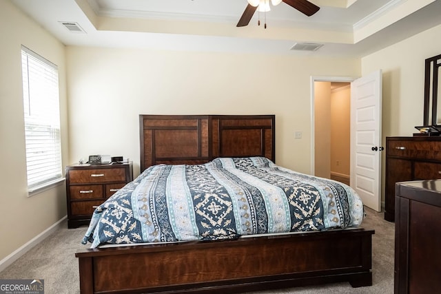 126 Savannah Way, Milner, GA 30257 - bedroom featuring a raised ceiling, light colored carpet, ornamental molding, and a ceiling fan