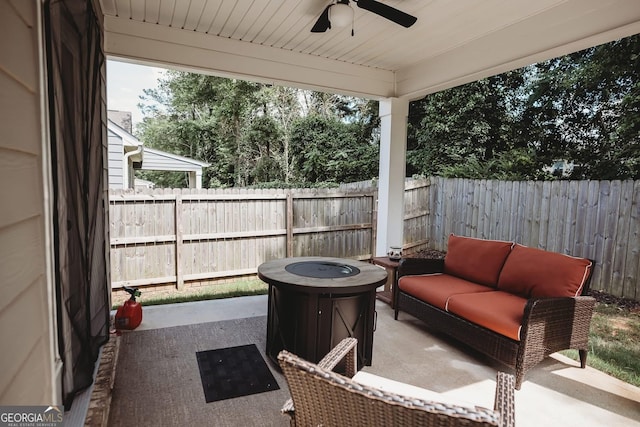 126 Savannah Way, Milner, GA 30257 - fenced backyard featuring an outdoor living space, a patio, and a ceiling fan