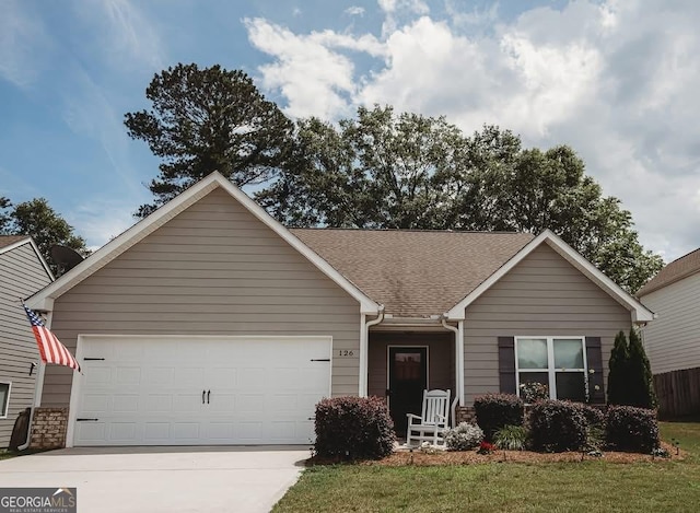 126 Savannah Way, Milner, GA 30257 - ranch-style house with an attached garage, driveway, roof with shingles, and a front yard