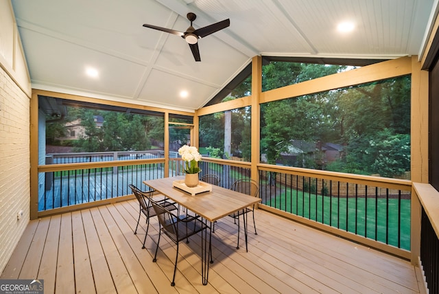 685 Pinecrest Dr, Athens, GA 30605 - sunroom featuring a ceiling fan, vaulted ceiling, and outdoor dining area