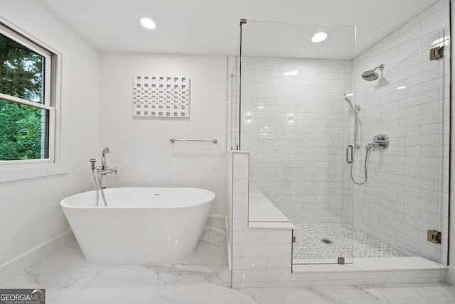 685 Pinecrest Dr, Athens, GA 30605 - bathroom featuring a shower stall, a freestanding tub, marble finish flooring, and recessed lighting
