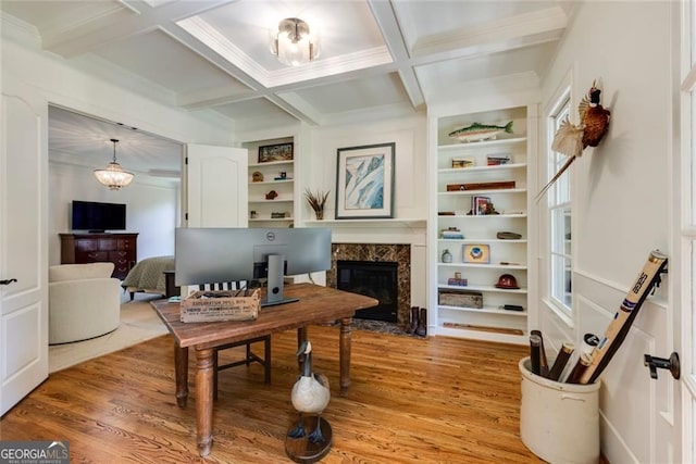 930 Shepards Ct, Roswell, GA 30075 - office space featuring light wood finished floors, beam ceiling, a premium fireplace, coffered ceiling, and built in features