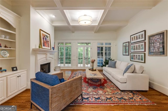 930 Shepards Ct, Roswell, GA 30075 - living area with wood finished floors, french doors, a fireplace, beamed ceiling, and coffered ceiling
