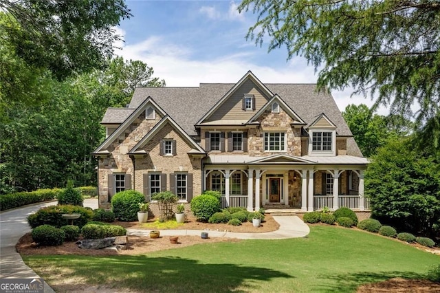 930 Shepards Ct, Roswell, GA 30075 - craftsman-style house featuring stone siding, a porch, a front lawn, and roof with shingles