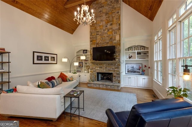 930 Shepards Ct, Roswell, GA 30075 - living room featuring wood ceiling, high vaulted ceiling, a chandelier, wood finished floors, and a stone fireplace