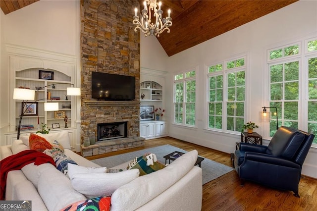 930 Shepards Ct, Roswell, GA 30075 - living area featuring high vaulted ceiling, wooden ceiling, a chandelier, built in features, and wood finished floors