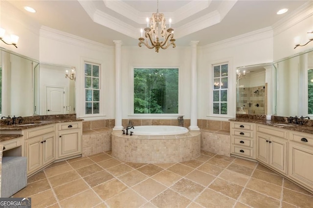 930 Shepards Ct, Roswell, GA 30075 - full bath featuring a chandelier, two vanities, a bath, crown molding, and a shower stall