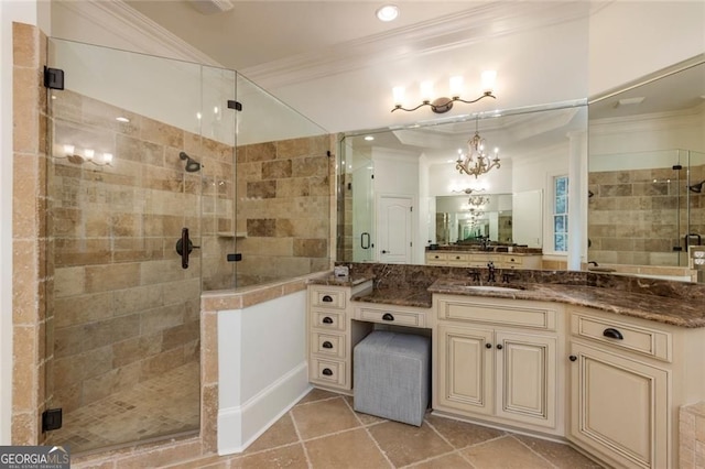 930 Shepards Ct, Roswell, GA 30075 - bathroom featuring crown molding, a stall shower, vanity, a chandelier, and tile patterned flooring