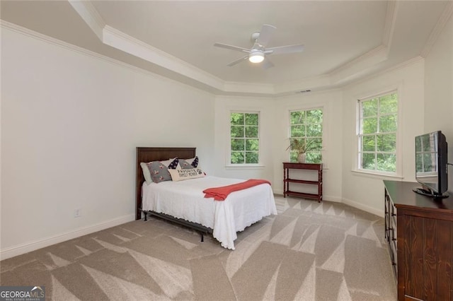 930 Shepards Ct, Roswell, GA 30075 - bedroom with a raised ceiling, crown molding, light carpet, and ceiling fan