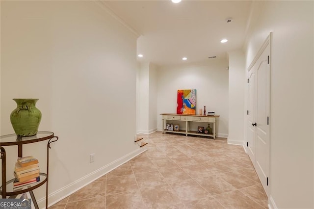 930 Shepards Ct, Roswell, GA 30075 - hall with recessed lighting, ornamental molding, and light tile patterned floors
