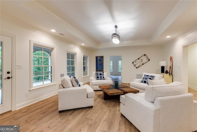 930 Shepards Ct, Roswell, GA 30075 - living room featuring crown molding, light wood-type flooring, a raised ceiling, and recessed lighting