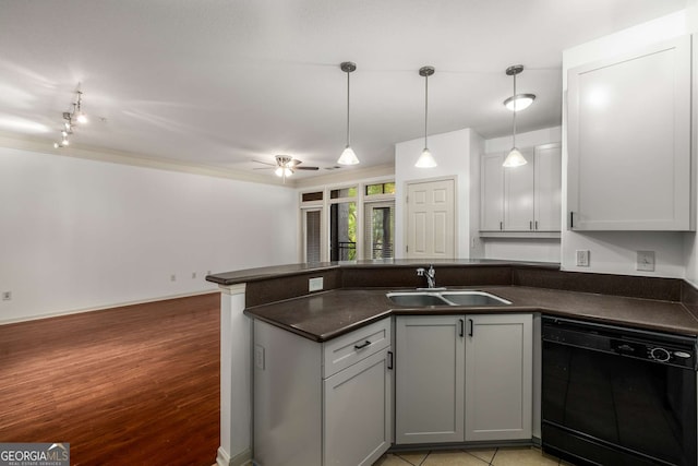 400 17th St NW Unit 2308, Atlanta, GA 30363 - kitchen featuring black dishwasher, a peninsula, dark countertops, open floor plan, and a ceiling fan